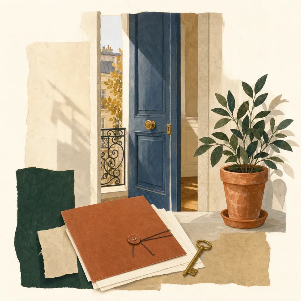 Painted French apartment doorway with a rental folder, key, and potted plant.